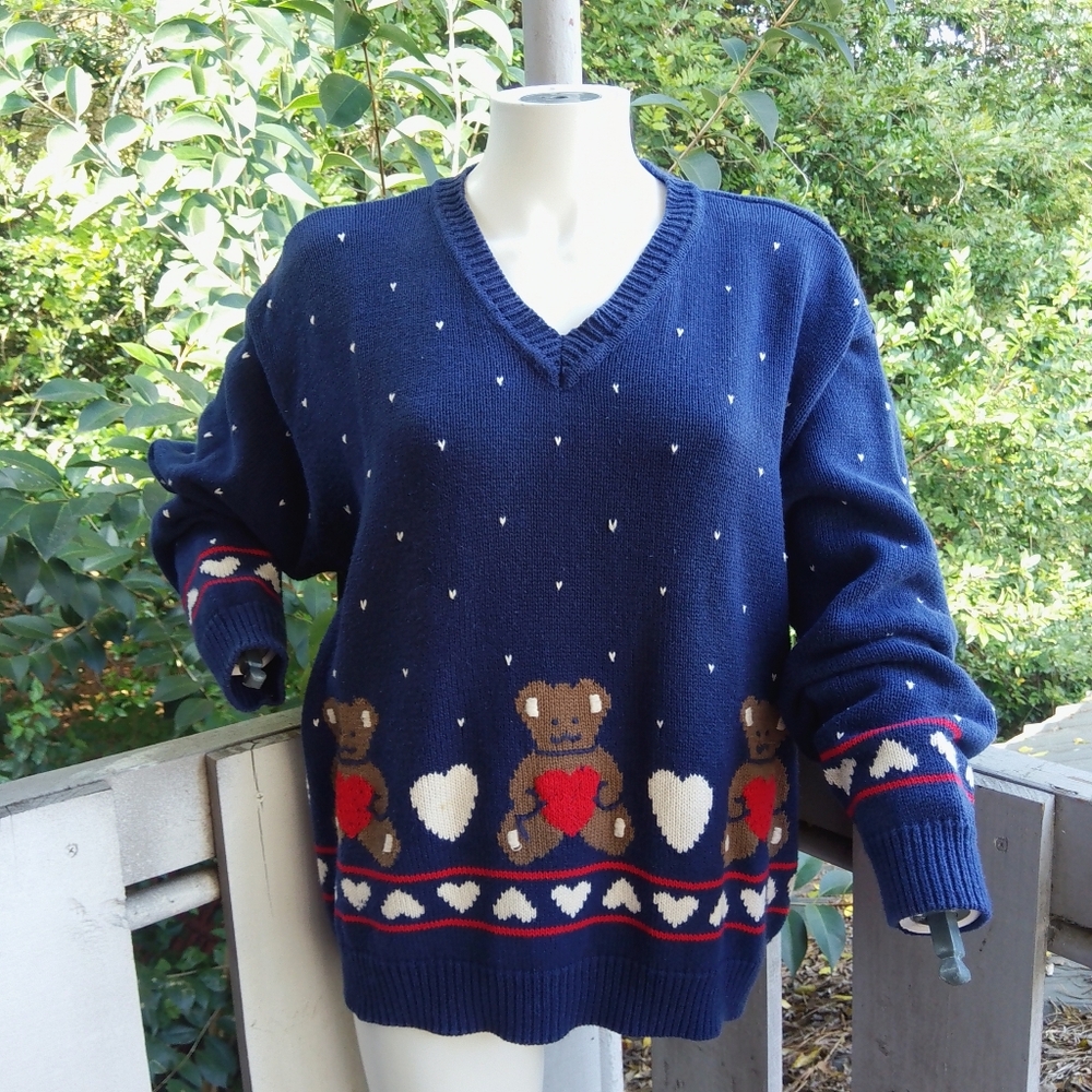 VTG 90s Bear Heart Love Cottagecore Grandmacore Chunky Knit Pullover Sweater
